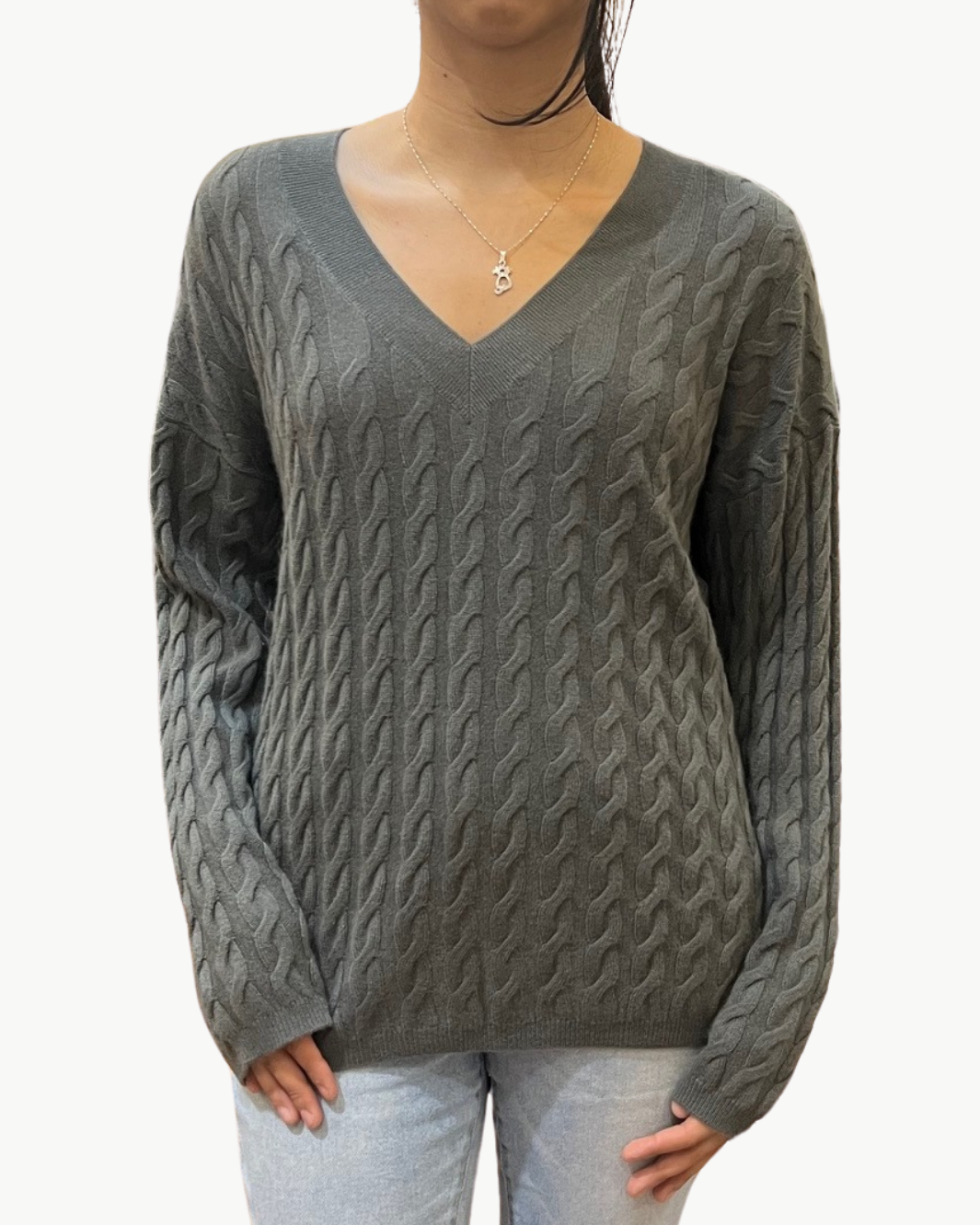 STETSON CABLE KNITV-NECK PULLOVER IN IRON GREY | Romi Boutique