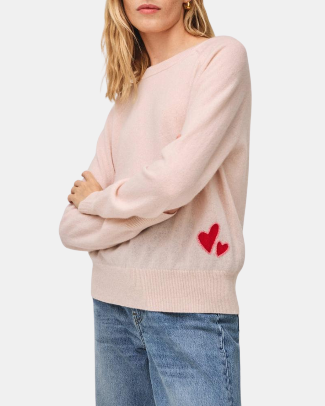 CASHMERE EMBROIDERED HEART SWEATSHIRT IN PINK SAND COMBO Romi