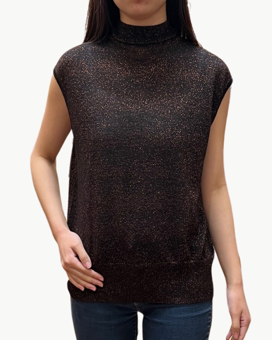 SLEEVELESS SHIMMER FUNNEL NECK IN BLACK MAGIC