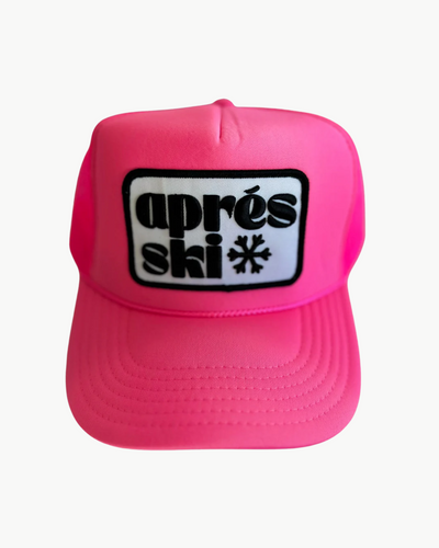 APRES SKI PATCH TRUCKER HAT IN NEON PINK