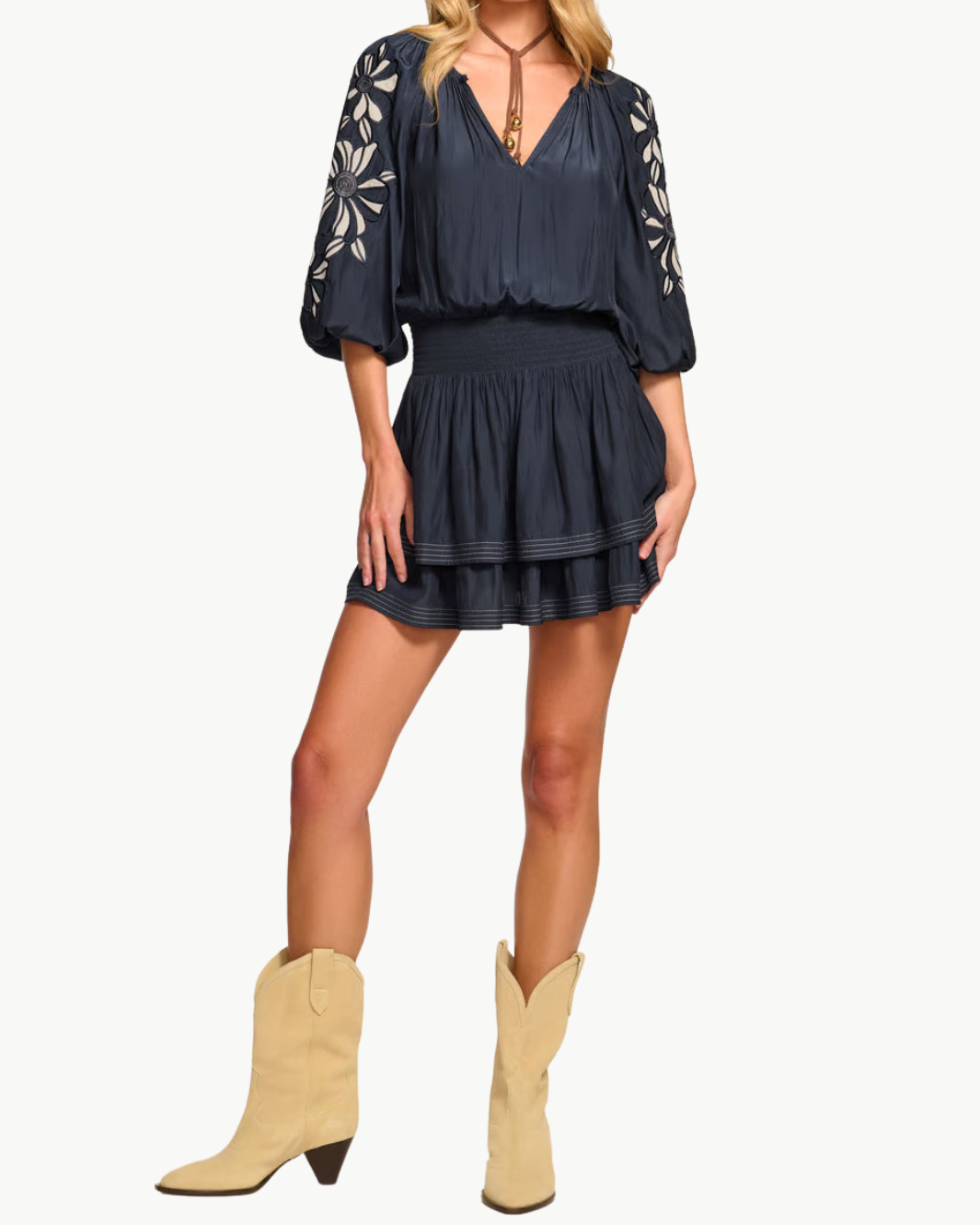 DEVORAH SMOCKED EMBELLISHED MINI DRESS IN NAVY