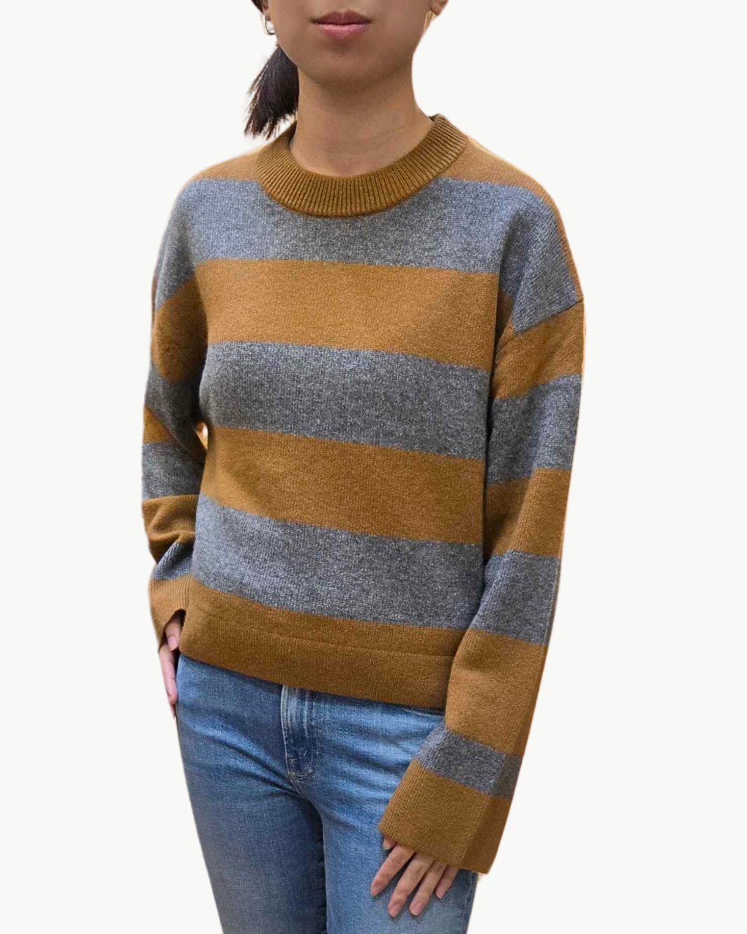 CASHMERE STRIPED CREWNECK IN CEDAR/GRAPHITE