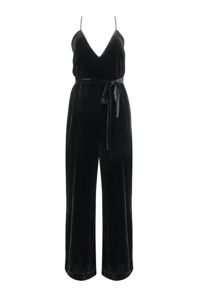 VELVET STRAP JUMPSUIT IN BLACK