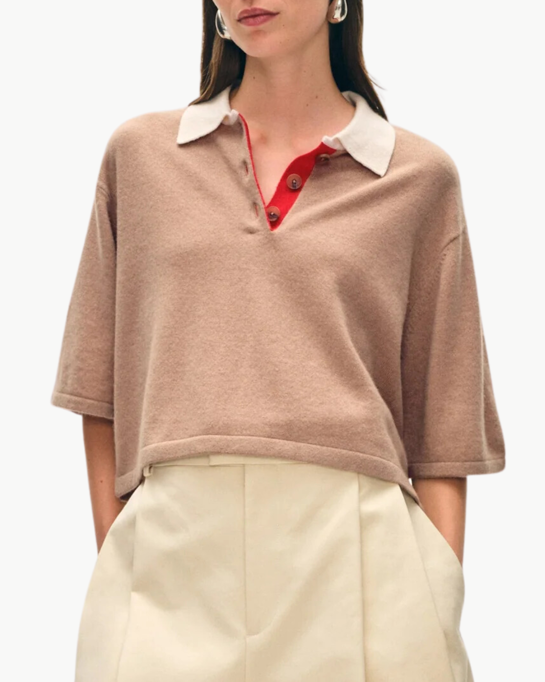 CASHMERE CROPPED POLO IN TRUE CAMEL COMBO