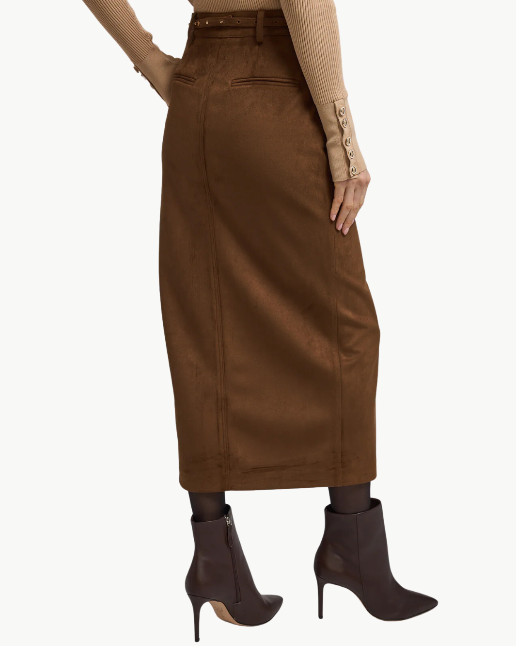 MEDINA BELTED VEGAN SUEDE SKIRT IN CARAMEL