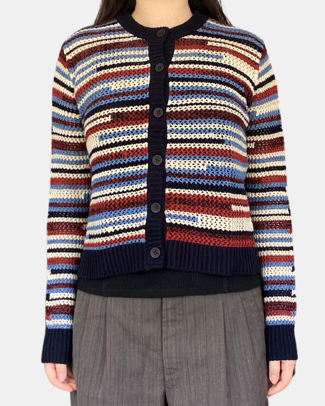 BROKEN MESH STITCH CARDIGAN IN NAVY BLUE COMBO