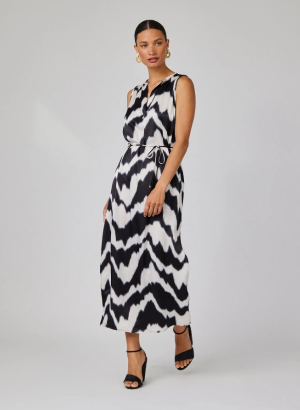 SLEEVELESS BELTED MAXI DRESS IN ABSTRACT IKAT PRINT