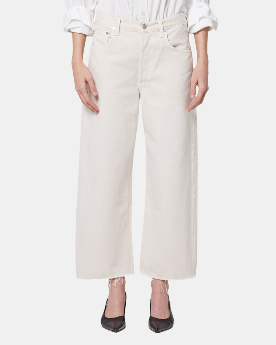 AYLA RAW HEM CROP TWILL IN ALMONDETTE