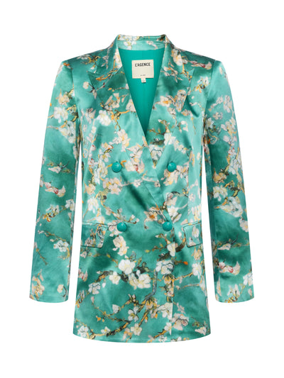 TARYN SILK BLAZER IN TEAL MULTI WATERCOLOR CHERRY BLOSSOM