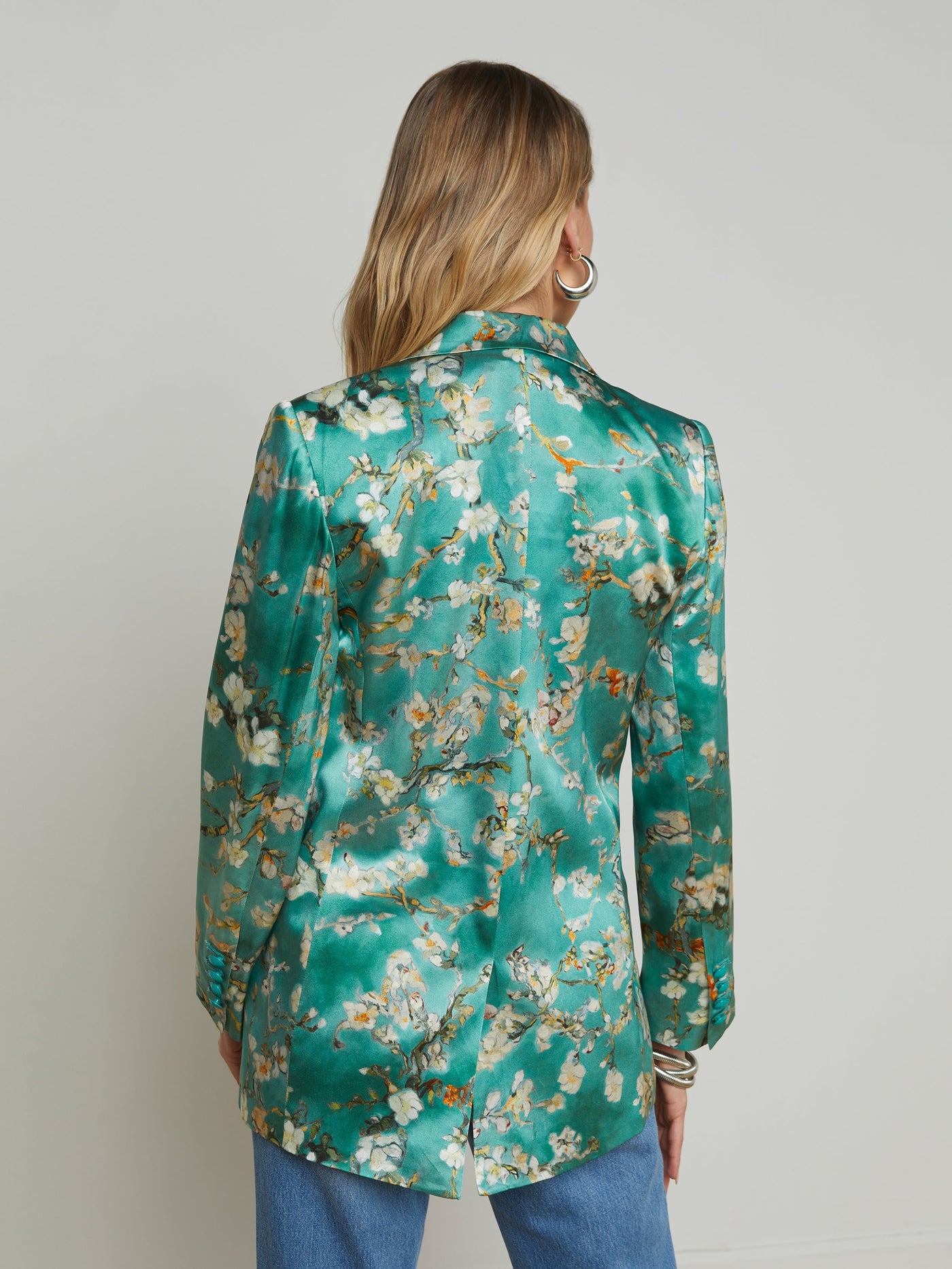 TARYN SILK BLAZER IN TEAL MULTI WATERCOLOR CHERRY BLOSSOM