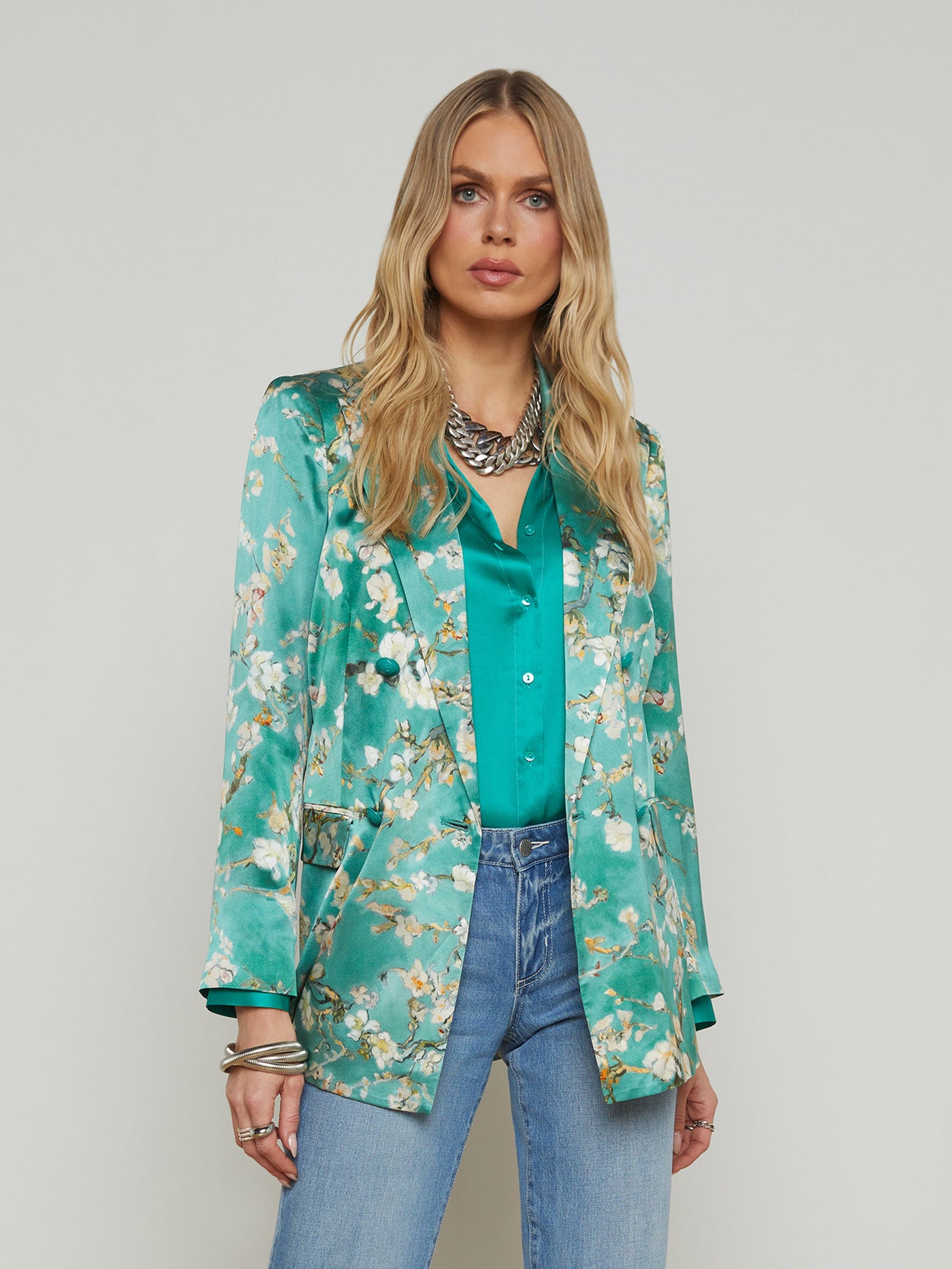 TARYN SILK BLAZER IN TEAL MULTI WATERCOLOR CHERRY BLOSSOM