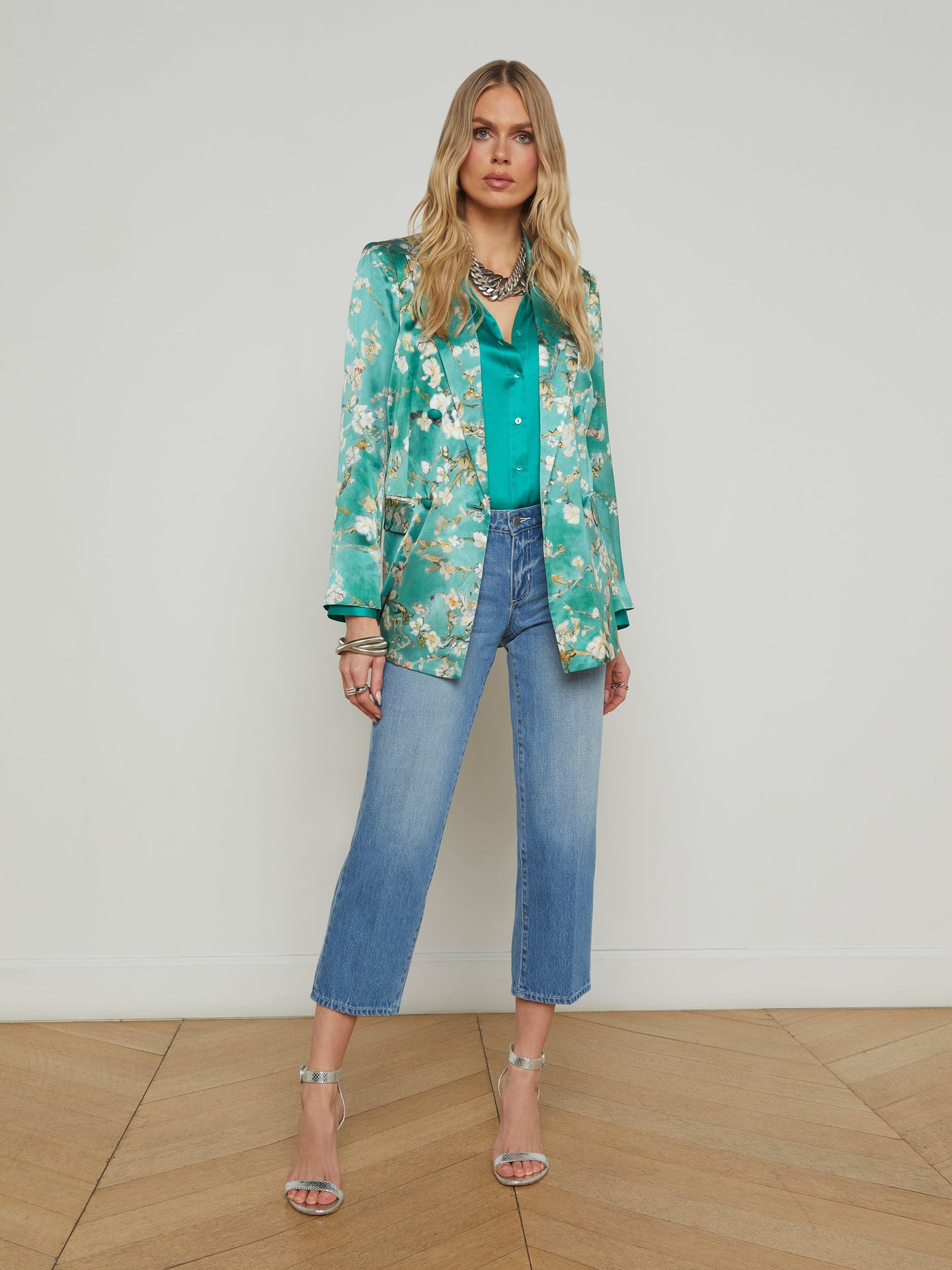 TARYN SILK BLAZER IN TEAL MULTI WATERCOLOR CHERRY BLOSSOM