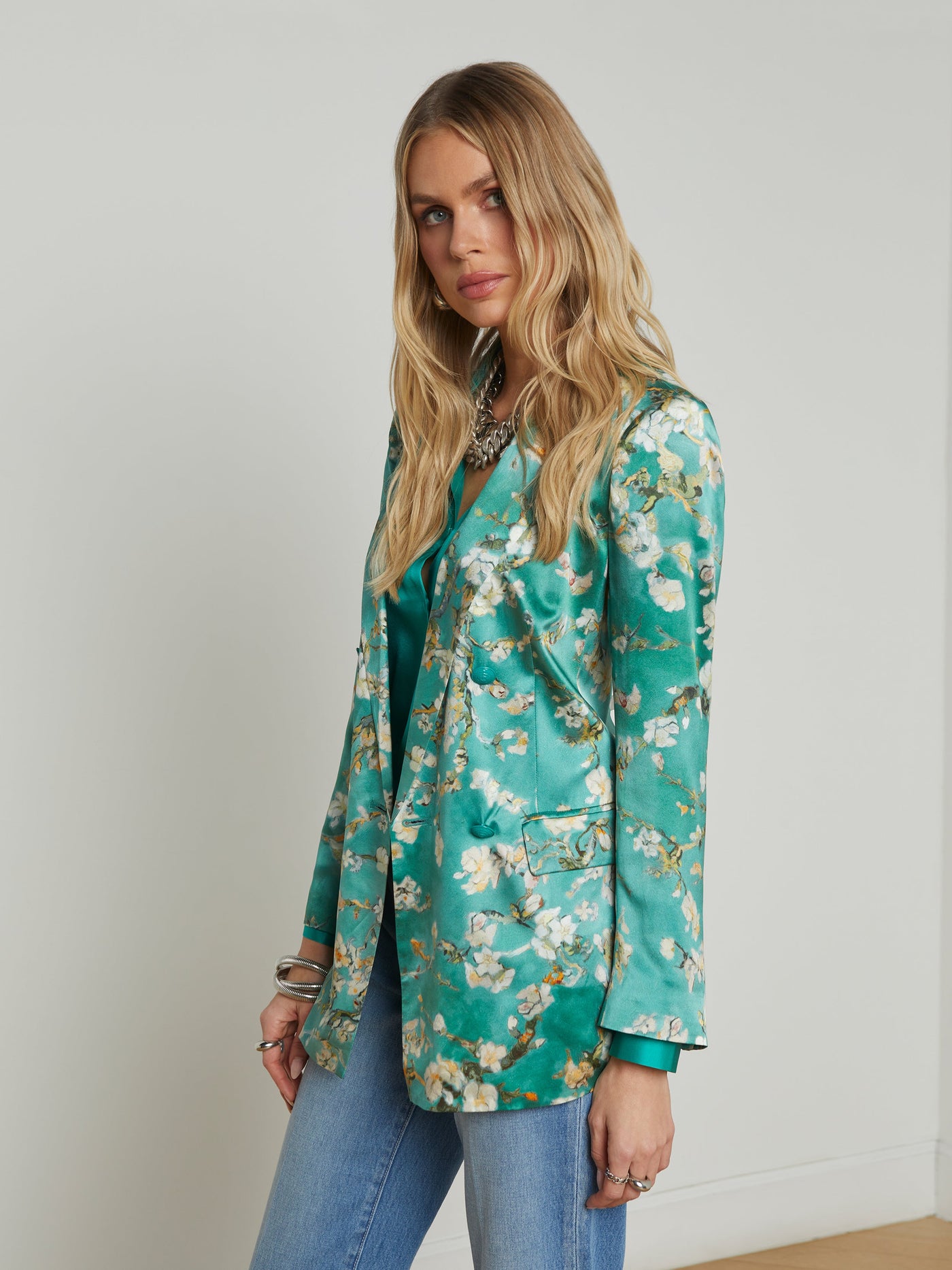 TARYN SILK BLAZER IN TEAL MULTI WATERCOLOR CHERRY BLOSSOM