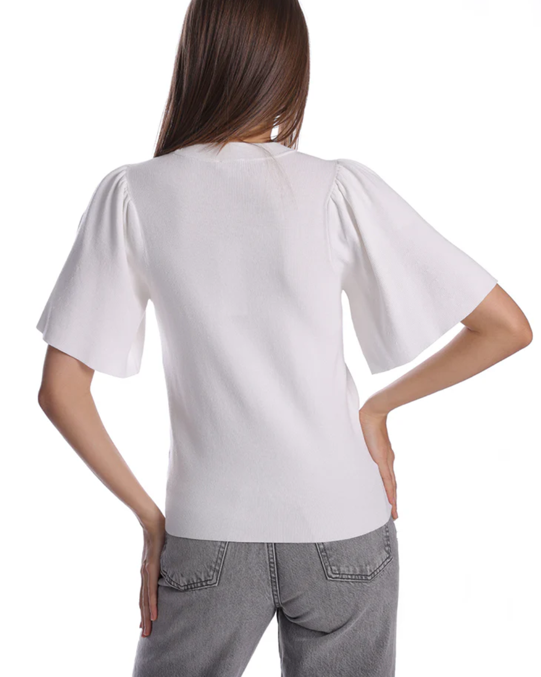 VISCOSE BLEND FLARED SLEEVE CREW IN WHITE