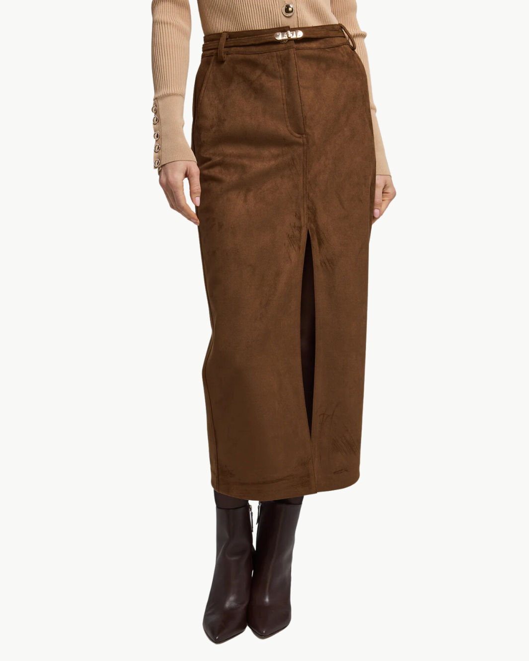 MEDINA BELTED VEGAN SUEDE SKIRT IN CARAMEL