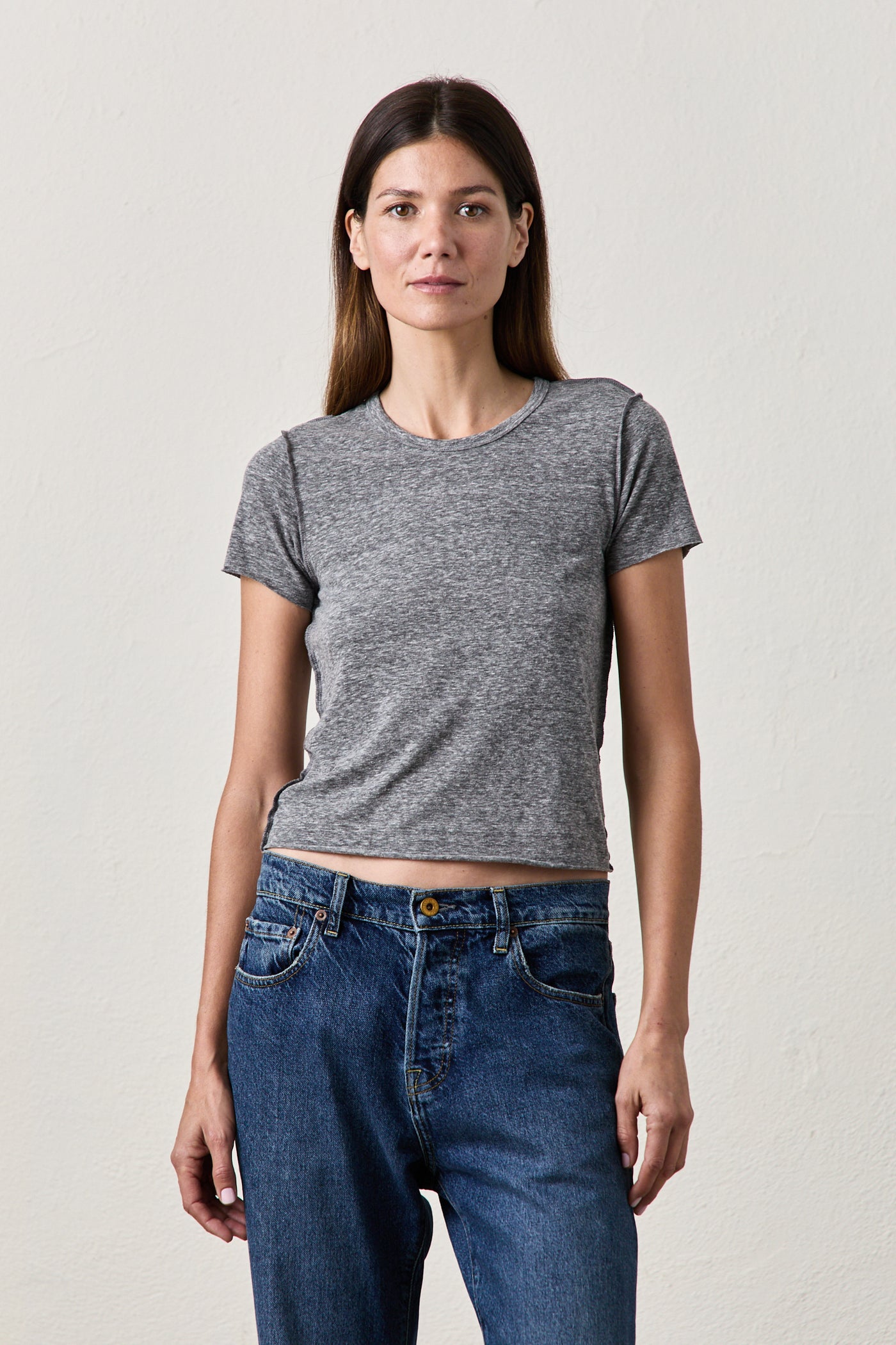 TARA TRIBLEND JERSEY CREW TEE IN CHARCOAL HEATHER GREY