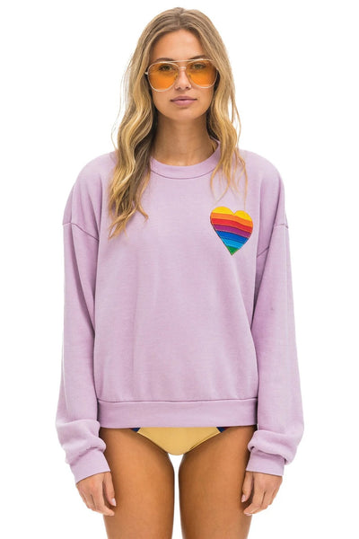 RAINBOW HEART STITCH RELAXED CREW SWEATSHIRT IN MAUVE