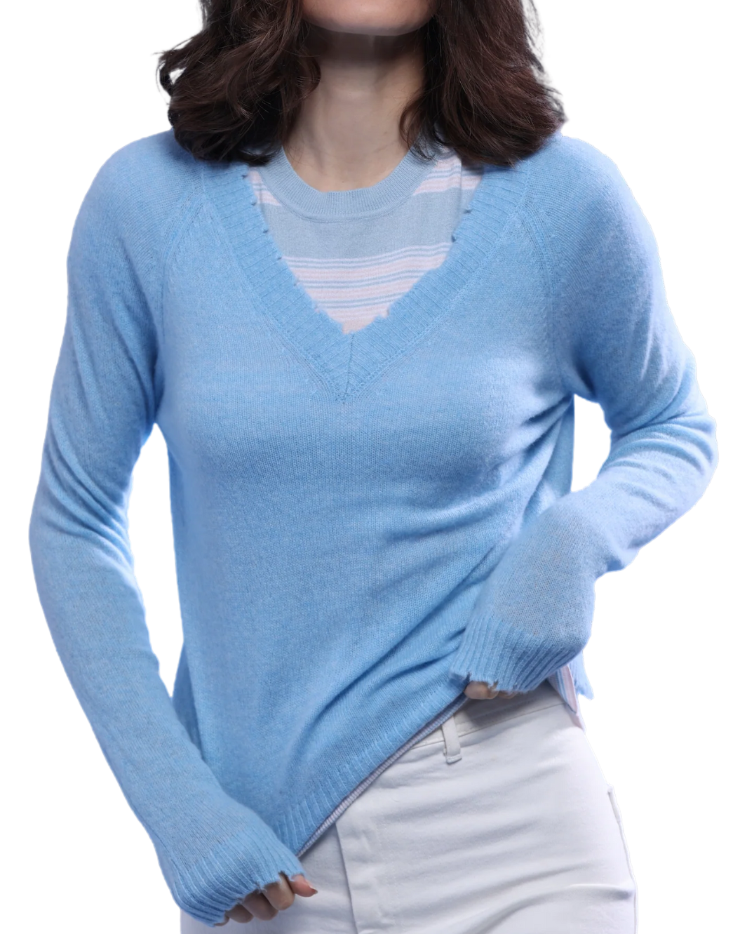 CASHMERE FRAYED EDGE V NECK IN CAMEO BLUE