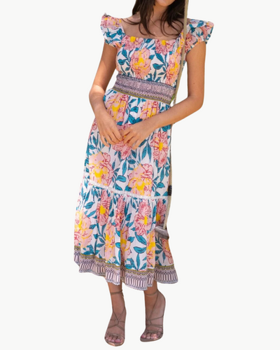 ISABELLA MIDI DRESS IN PINK YELLOW FLORAL