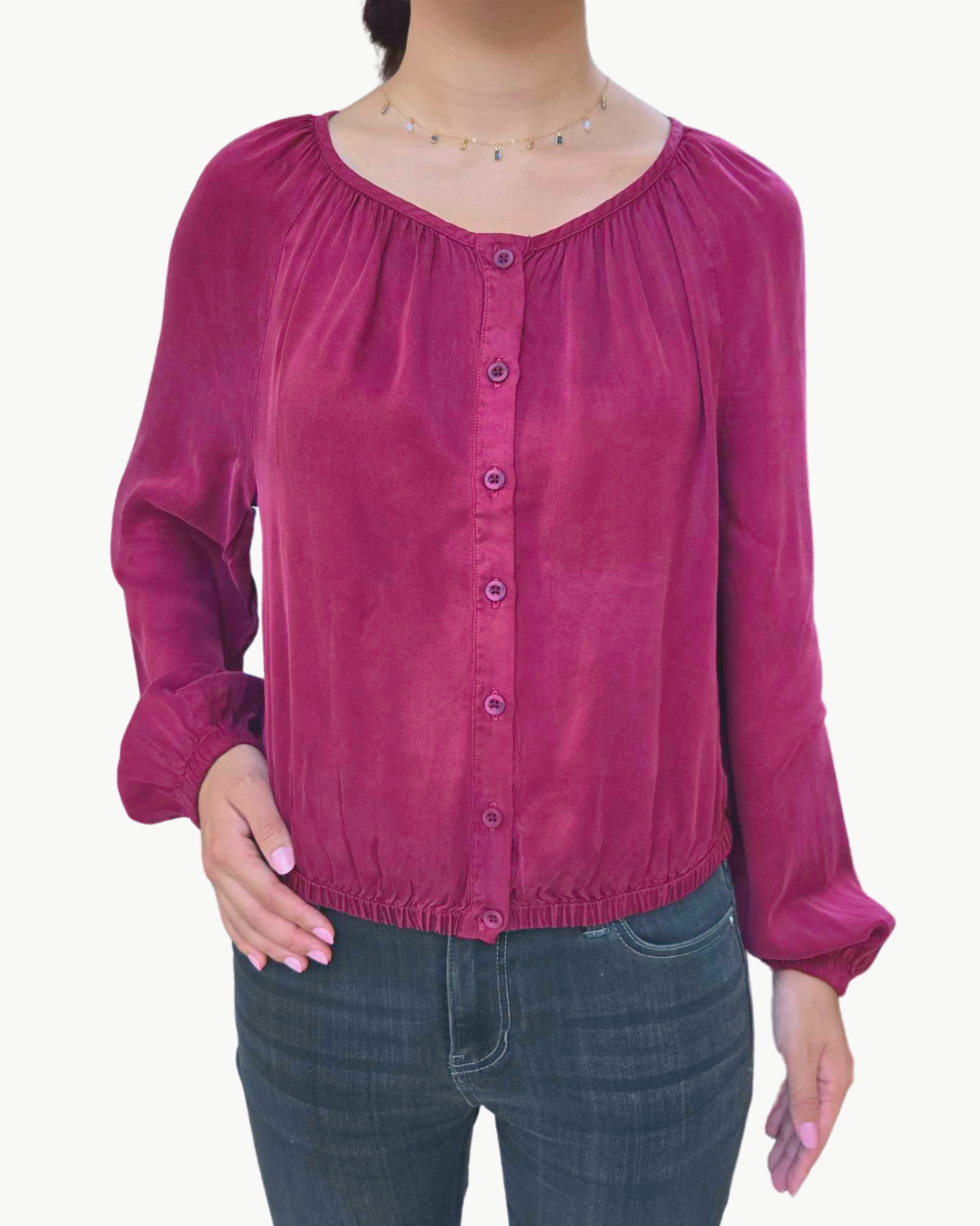 SHIRRED BUTTON FRONT BLOUSE IN DEEP PLUM