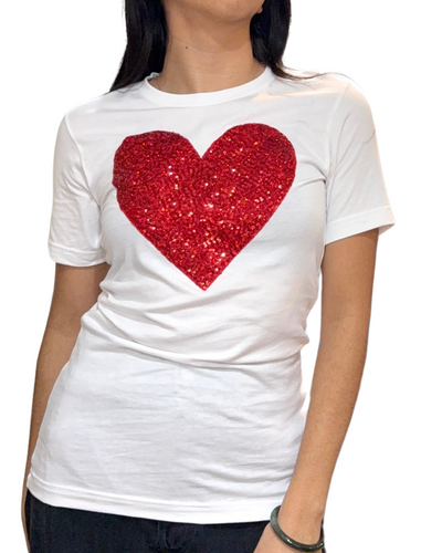 SEQUIN HEART TEE IN WHITE