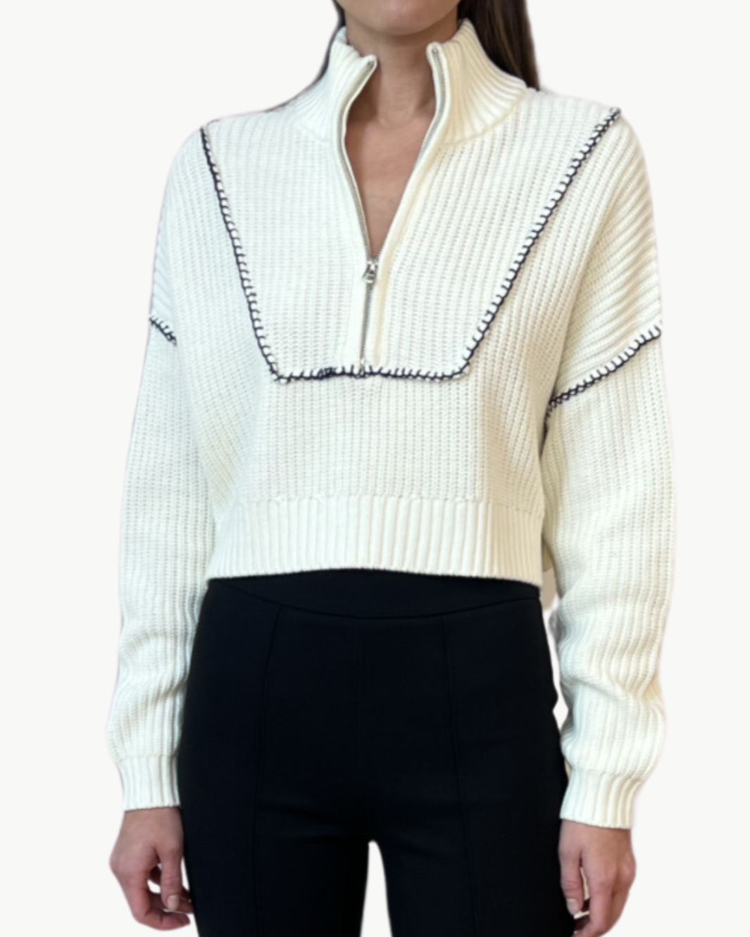 CROPPED HAMPTON SWEATER IN IVORY/NAVY