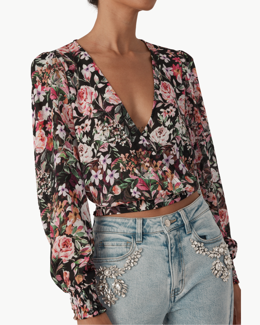 AVANNA FLORAL WRAP BLOUSE IN ZESTY FLORAL BLACK PINK