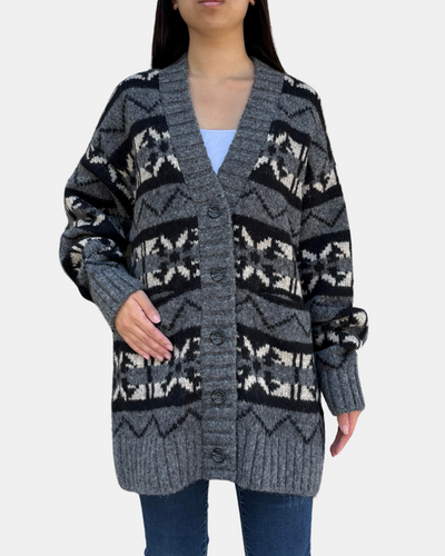 PLUSH ALPACA BLEND FAIR ISLE CARDIGAN IN GREY COMBO