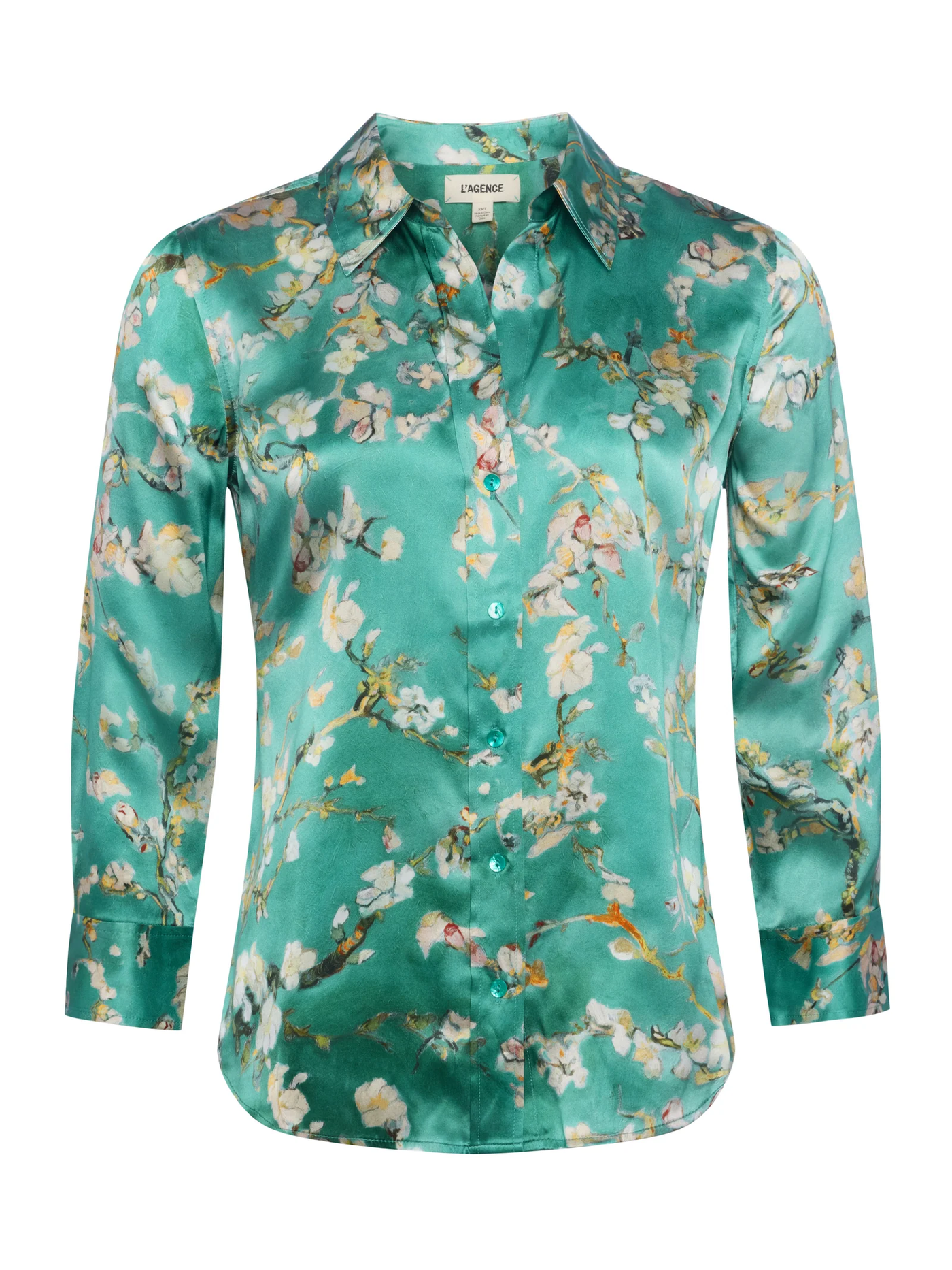 DANI 3/4 SLEEVE BLOUSE IN TEAL MULTI WATERCOLOR CHERRY BLOSSOM