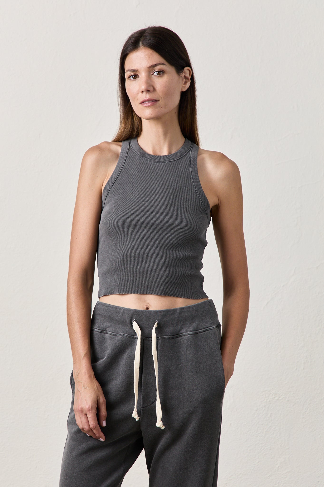 AMAYA CROP FITTED RIB TANK IN FADED BLACK