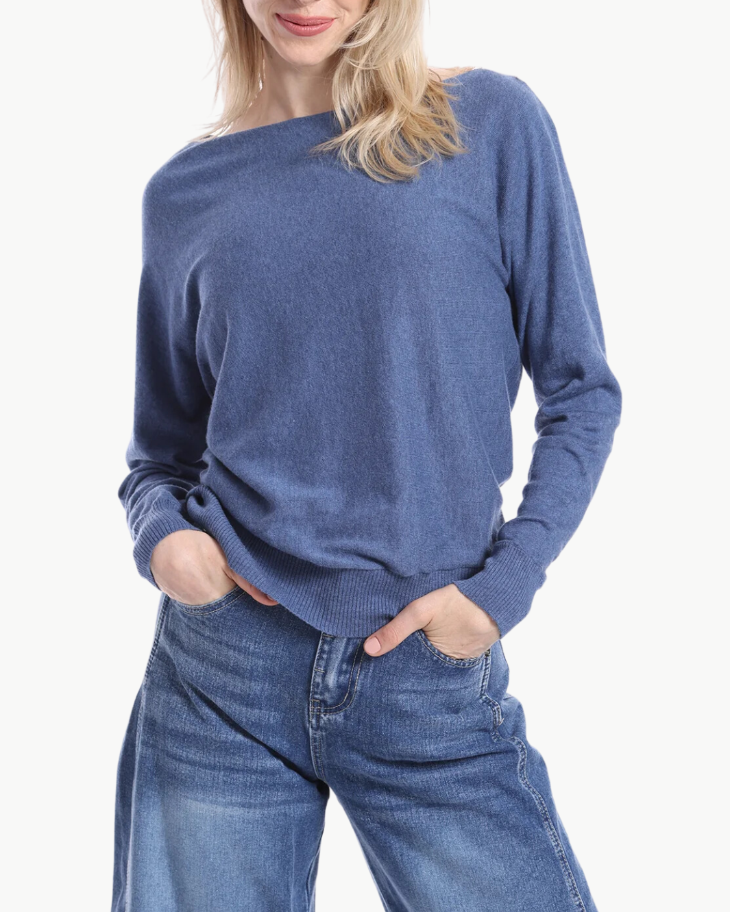 COTTON CASHMERE OFF THE SHOULDER TOP IN HARBOUR BLUE