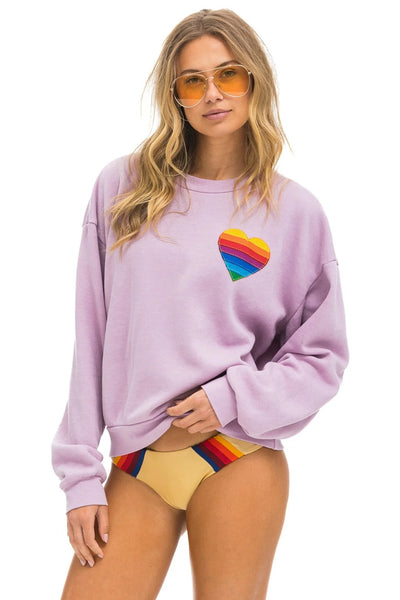 RAINBOW HEART STITCH RELAXED CREW SWEATSHIRT IN MAUVE