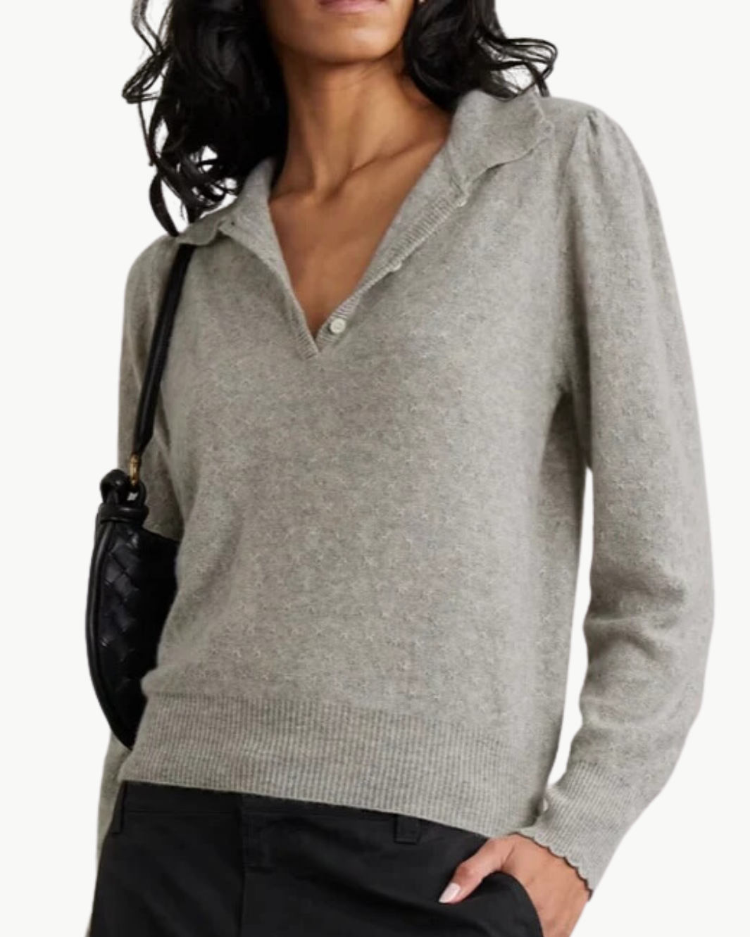 SCALLOP POLO SWEATER IN LIGHT HEATHER GREY