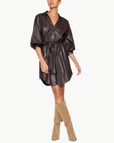 KATE BELTED VEGAN LEATHER SHIRT DRESS IN TIMBER