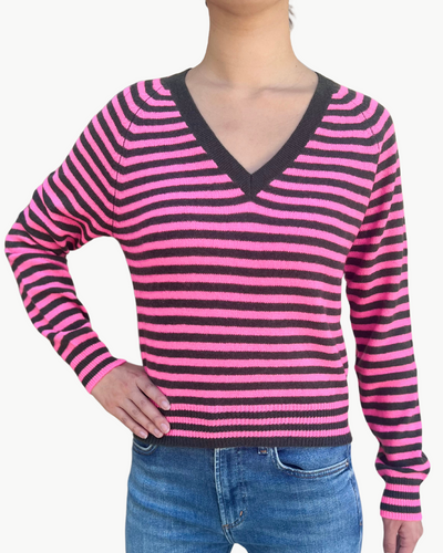 CROP STRIPE VEE IN KHAKI AND NEON PINK