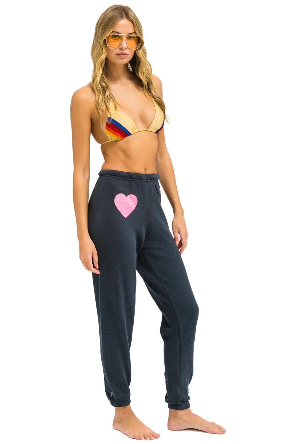 GLITTER HEART SWEATPANT IN CHARCOAL/NEON PINK