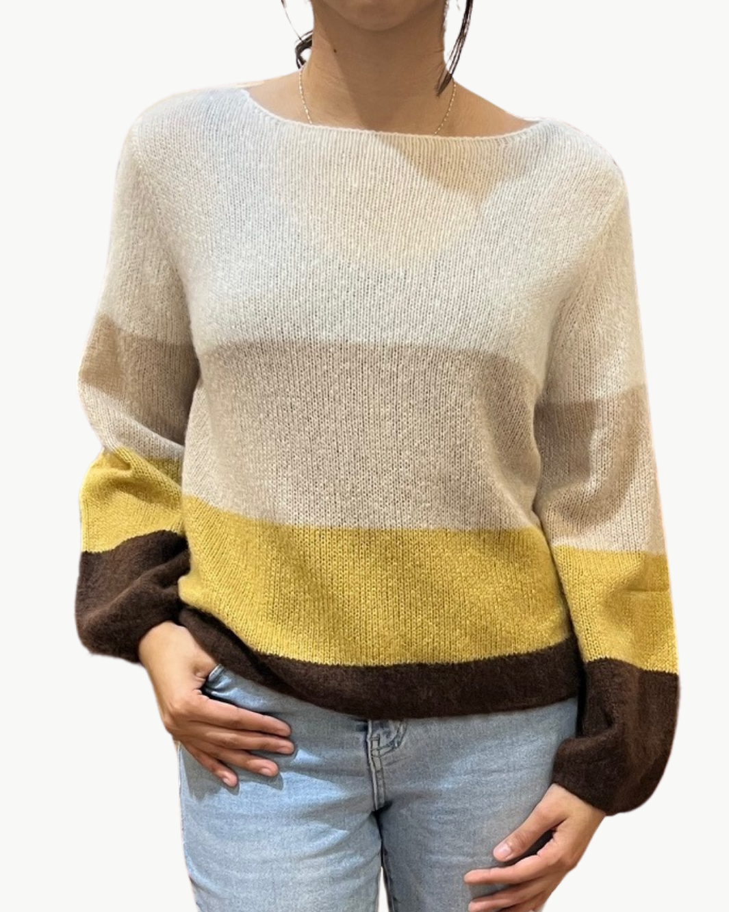 MAIE COLOR-BLOCK BALLOON-SLEEVE PULLOVER IN AMBER COLOR COMBO