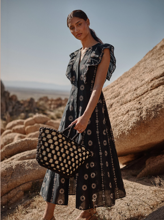 AURORA EYELET DRESS IN BLACK AND BEIGE