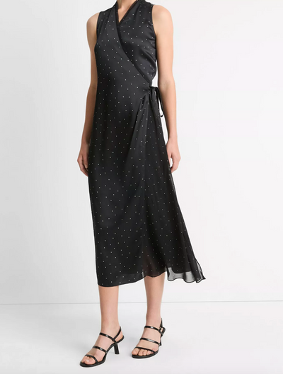 DOT PRINT PANELED CHIFFON WRAP DRESS IN BLACK/GREY