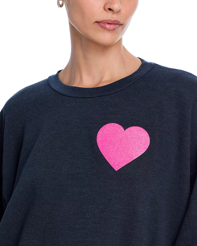 GLITTER HEART CREW SWEATSHIRT IN CHARCOAL/NEON PINK