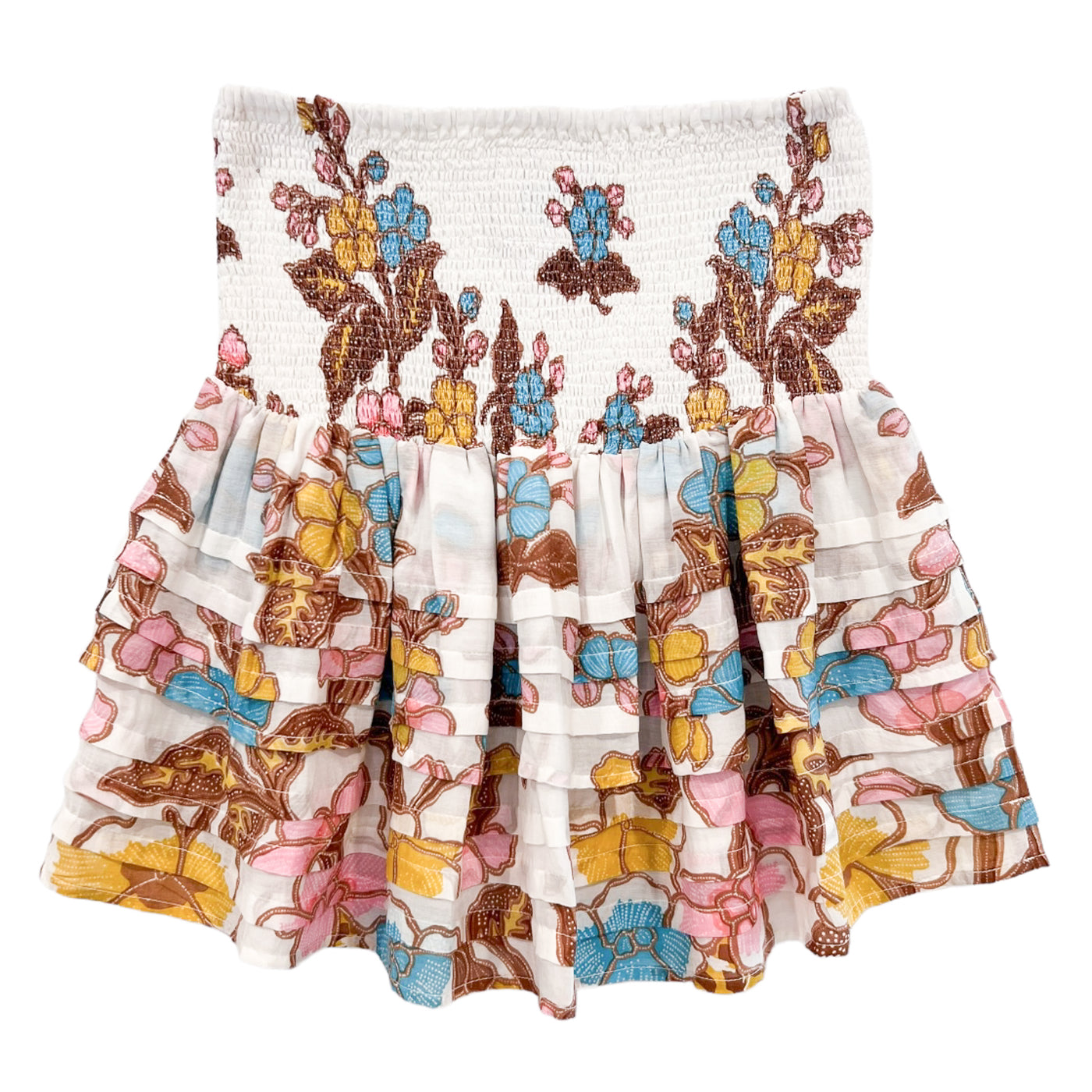 PLEATED SMOCKED MINI SKIRT IN TURQ YELLOW FLORAL