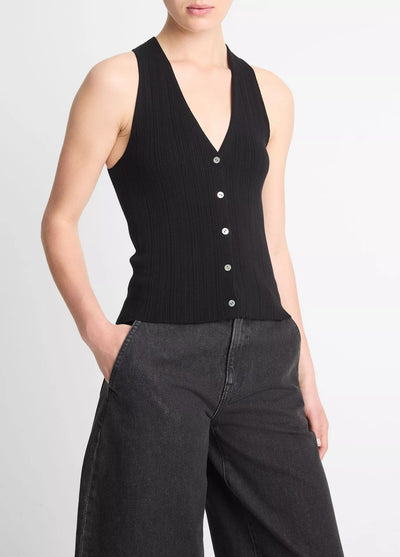 ITALIAN COTTON BLEND BUTTON V NECK TANK IN BLACK