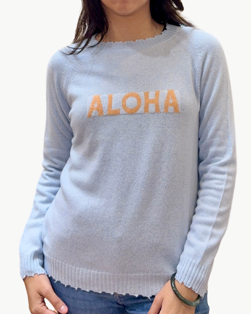 CUSTOM FRAYED CREW "ALOHA" IN CIELO/APRICOT