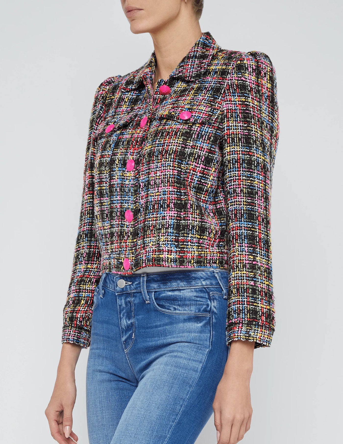 KASEY BRACELET SLEEVE JACKET IN BLACK MULTI COLORFUL TWEED