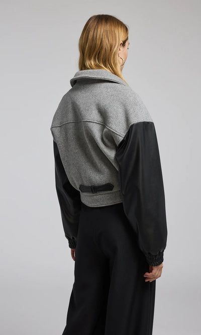 CASPIAN WOOL VEGAN LEATHER BOMBER IN GREY AND BLACK