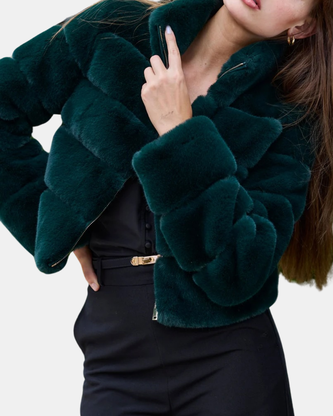 TALA FAUX FUR BOMBER IN FOREST GREEN