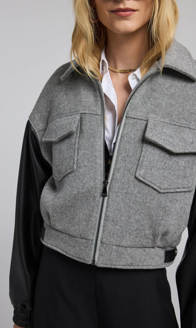 CASPIAN WOOL VEGAN LEATHER BOMBER IN GREY AND BLACK