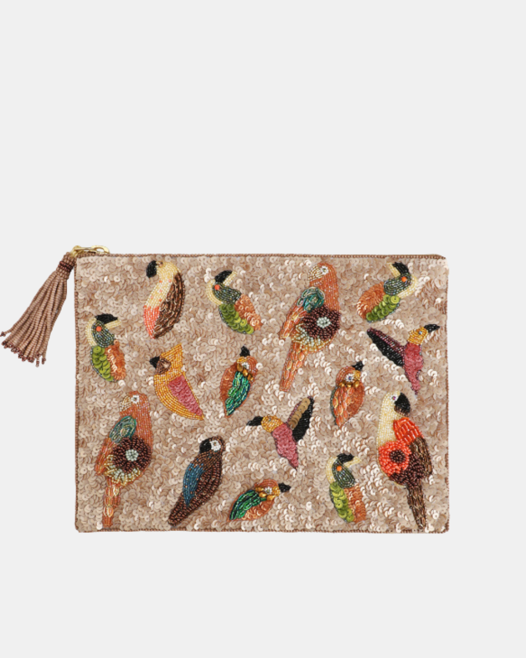 MULTI BIRDS SEQUINS JEWELRY BAG IN BEIGE