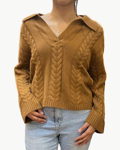 DEAN CABLE KNIT POLO PULLOVER IN CARAMEL