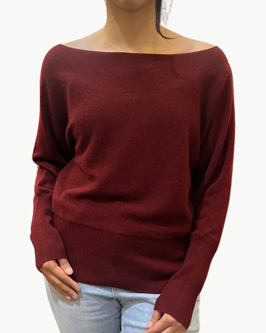 MIMI OFF-THE-SHOULDER SWEATER IN BURGUNDY